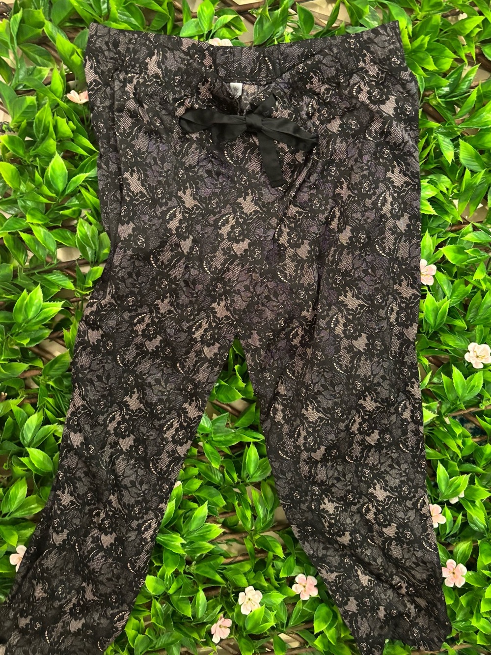 Gilligan & O'Malley Black Lace-Overlay Pajama Pants with Nude Underlayer L